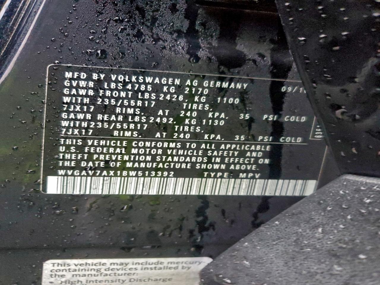 2011 Volkswagen Tiguan S VIN: WVGAV7AX1BW513392 Lot: 95318655