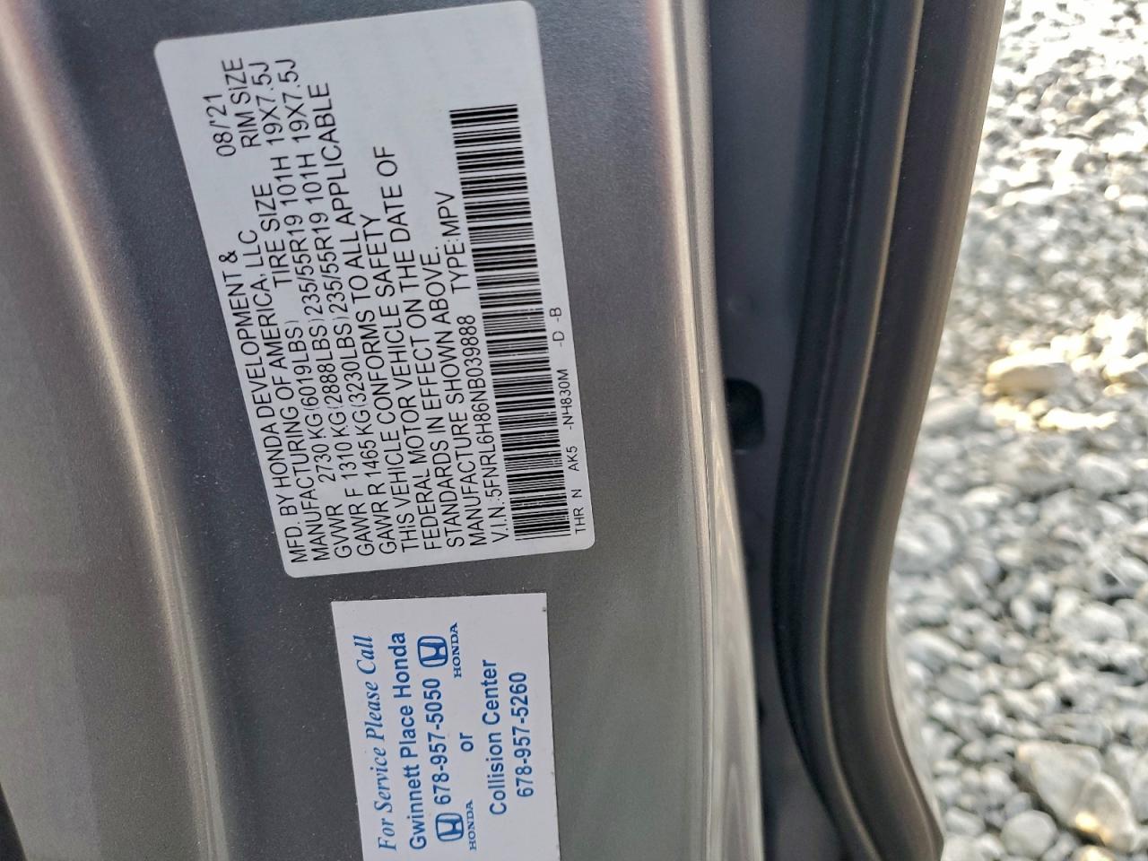 2022 Honda Odyssey Touring VIN: 5FNRL6H86NB039888 Lot: 96130505