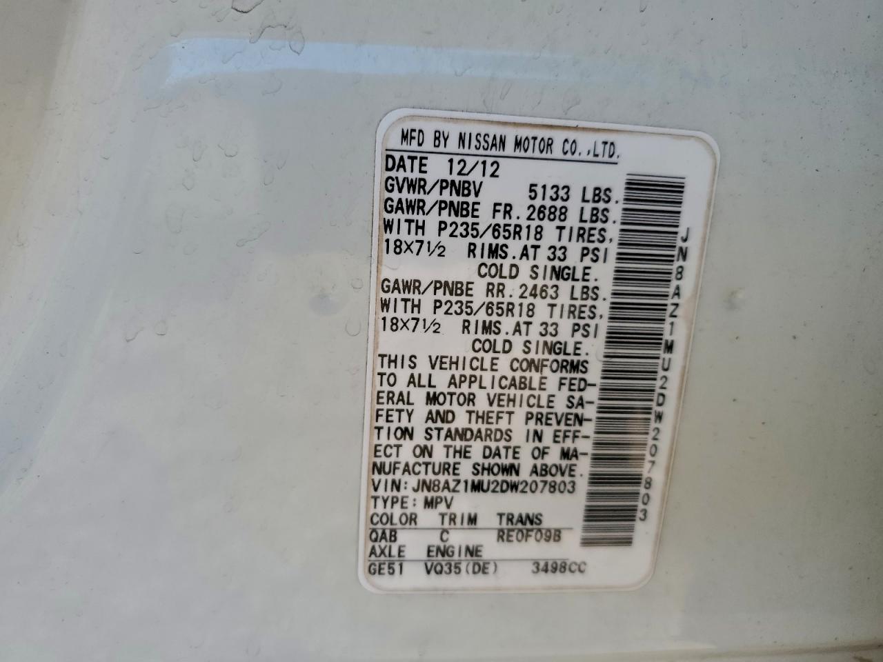 2013 Nissan Murano S VIN: JN8AZ1MU2DW207803 Lot: 95169715