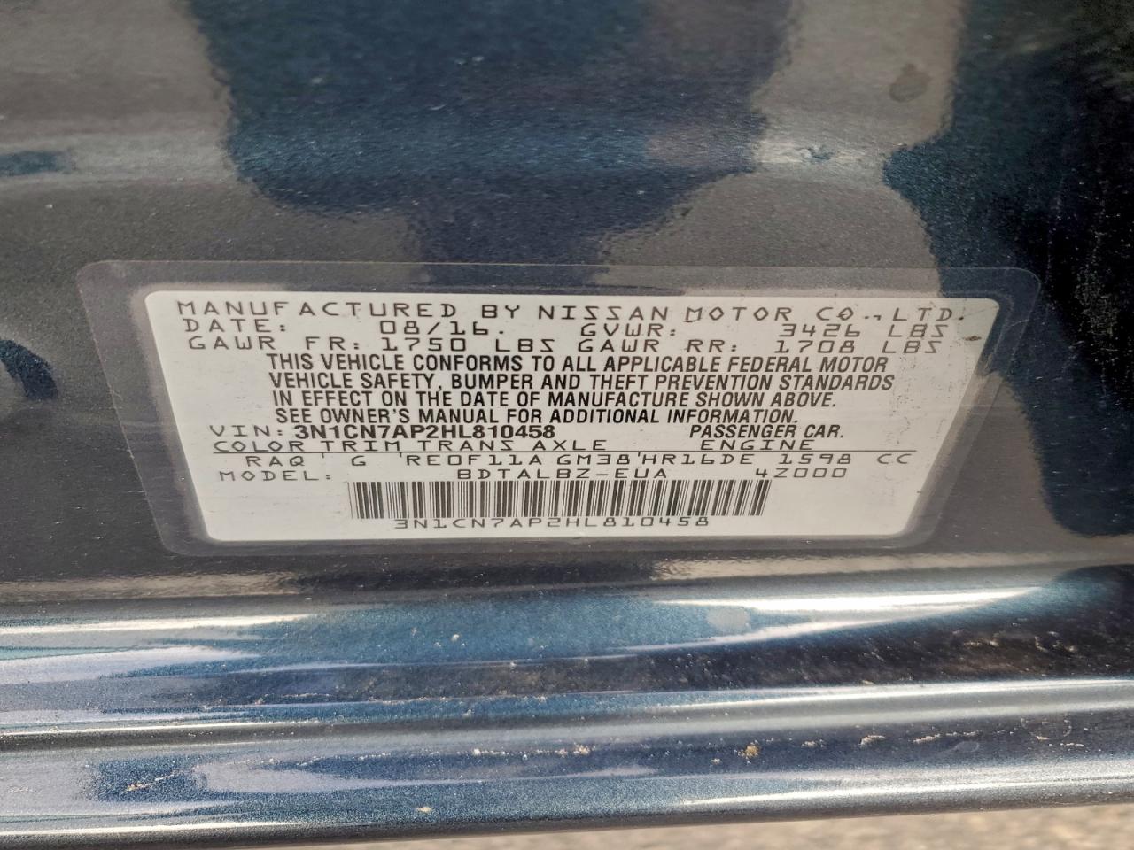 2017 Nissan Versa S VIN: 3N1CN7AP2HL810458 Lot: 94503765