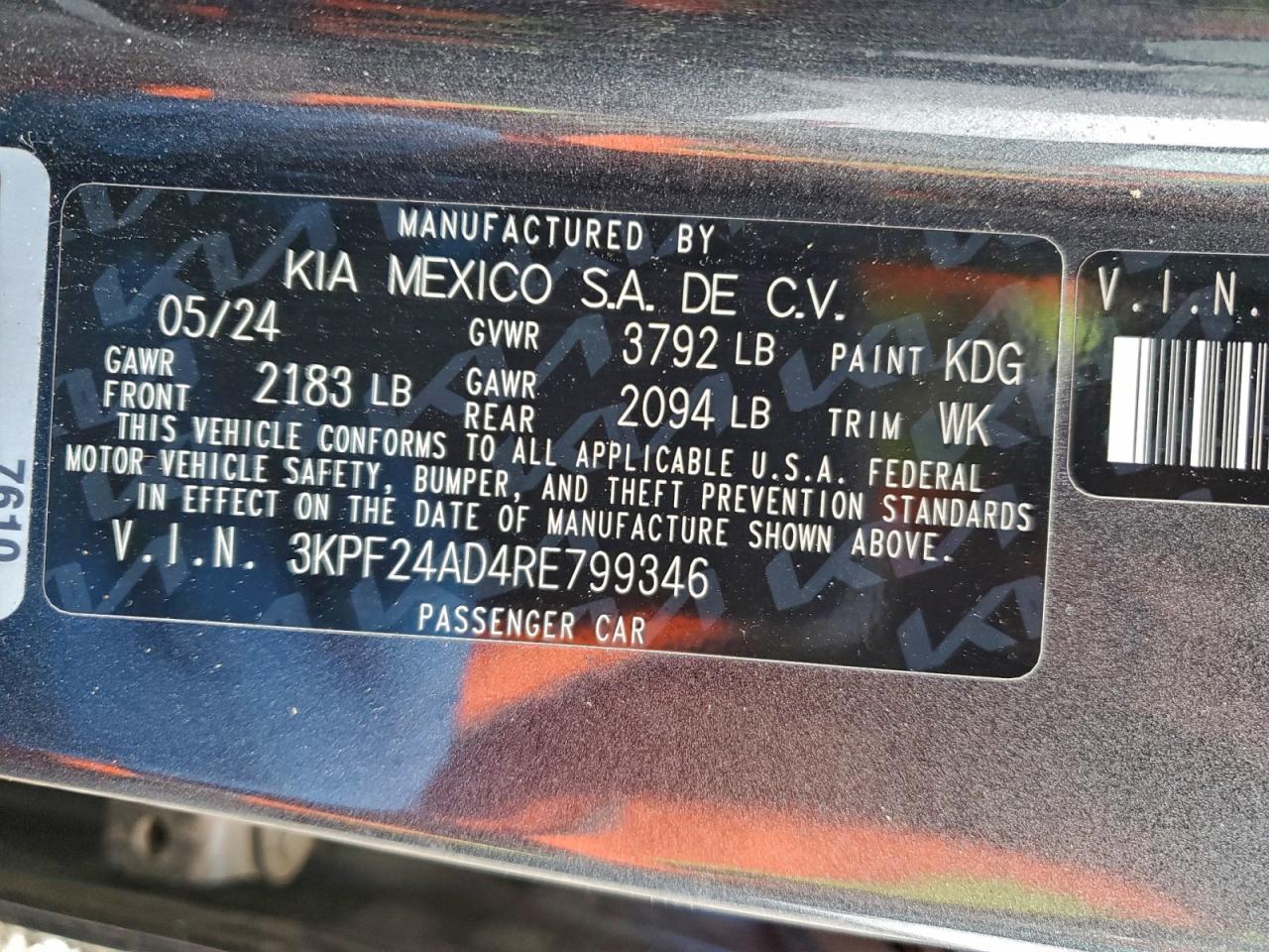 2024 Kia Forte Lx VIN: 3KPF24AD4RE799346 Lot: 94396765