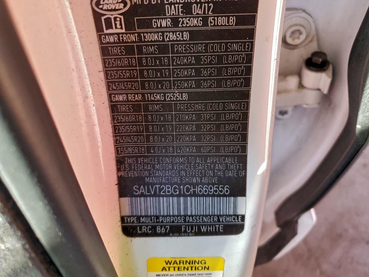 2012 Land Rover Range Rover Evoque Dynamic Premium VIN: SALVT2BG1CH669556 Lot: 96211365