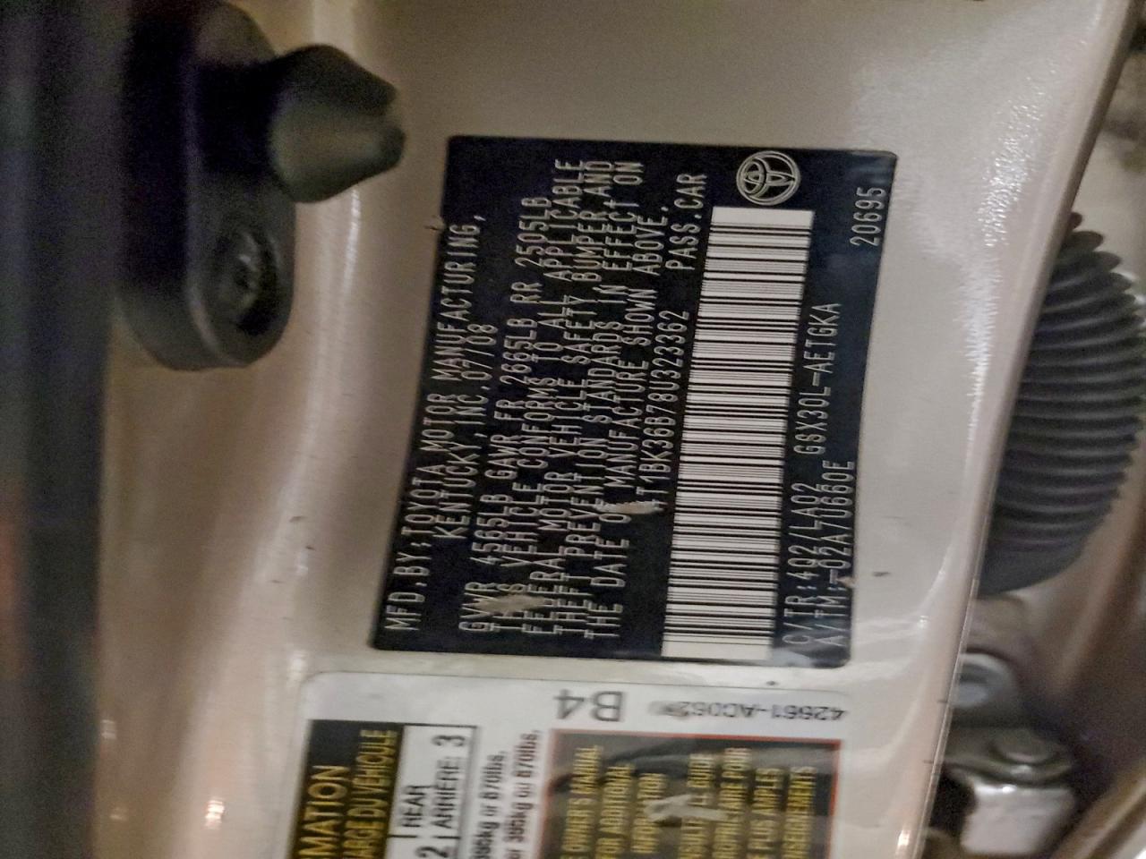 2008 Toyota Avalon Xl VIN: 4T1BK36B78U323362 Lot: 95003735