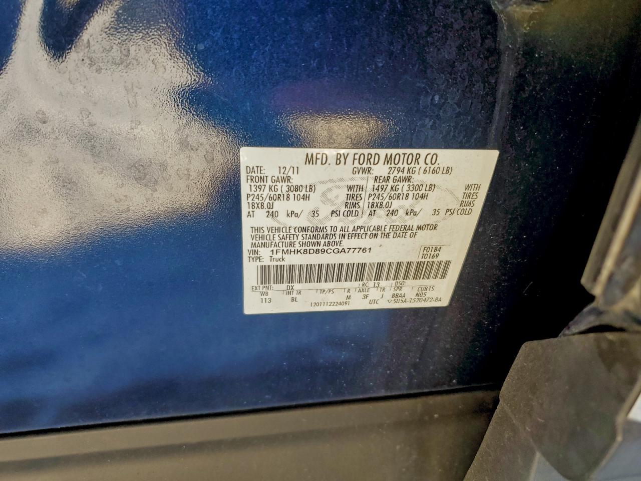 2012 Ford Explorer Xlt VIN: 1FMHK8D89CGA77761 Lot: 96069765