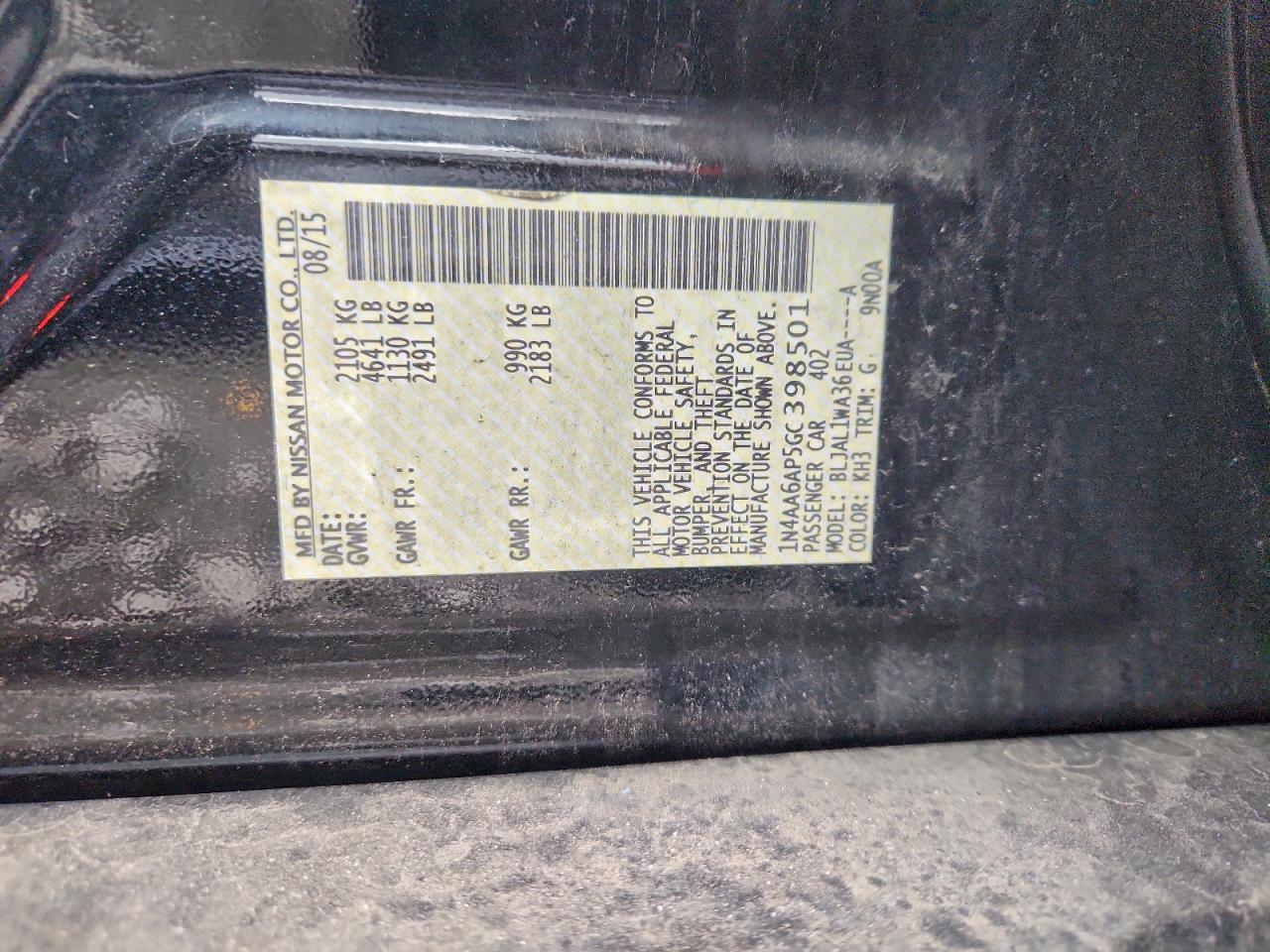 2016 Nissan Maxima 3.5S VIN: 1N4AA6AP5GC398501 Lot: 96053805