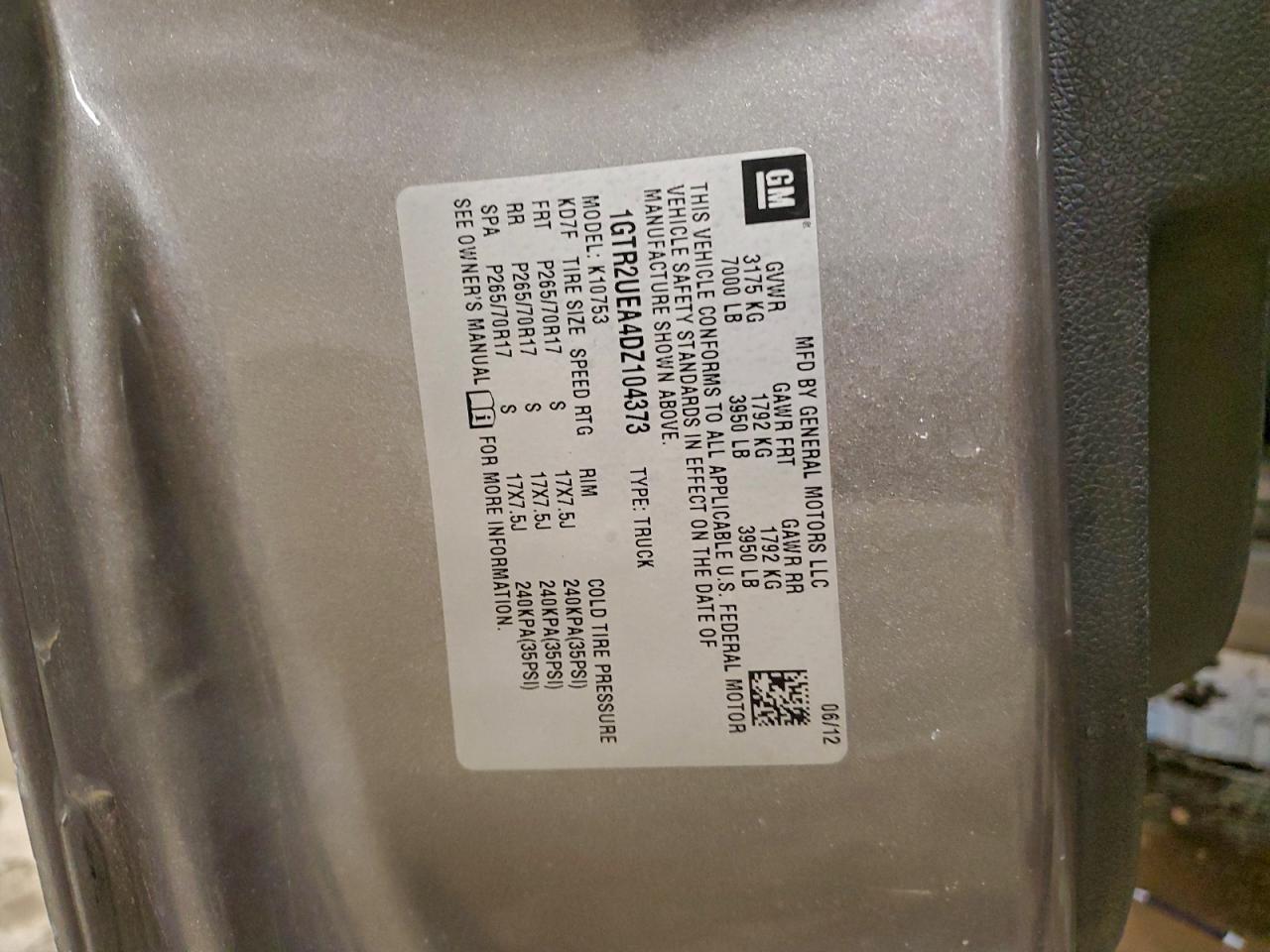 2013 GMC Sierra K1500 Sl VIN: 1GTR2UEA4DZ104373 Lot: 94812085