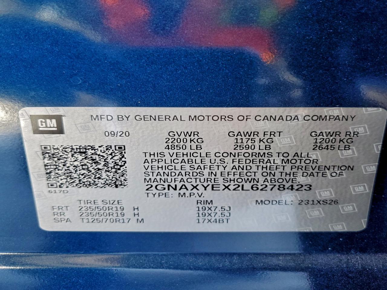 2020 Chevrolet Equinox Premier VIN: 2GNAXYEX2L6278423 Lot: 94747655