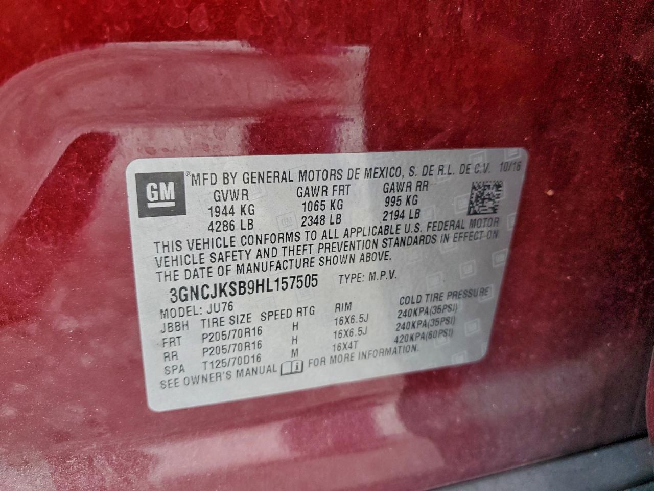 2017 Chevrolet Trax Ls VIN: 3GNCJKSB9HL157505 Lot: 94963165