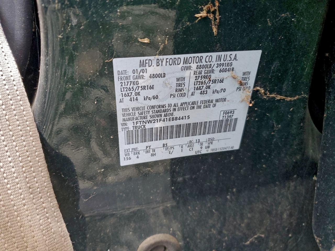 2001 Ford F250 Super Duty VIN: 1FTNW21F41EB84415 Lot: 96228505