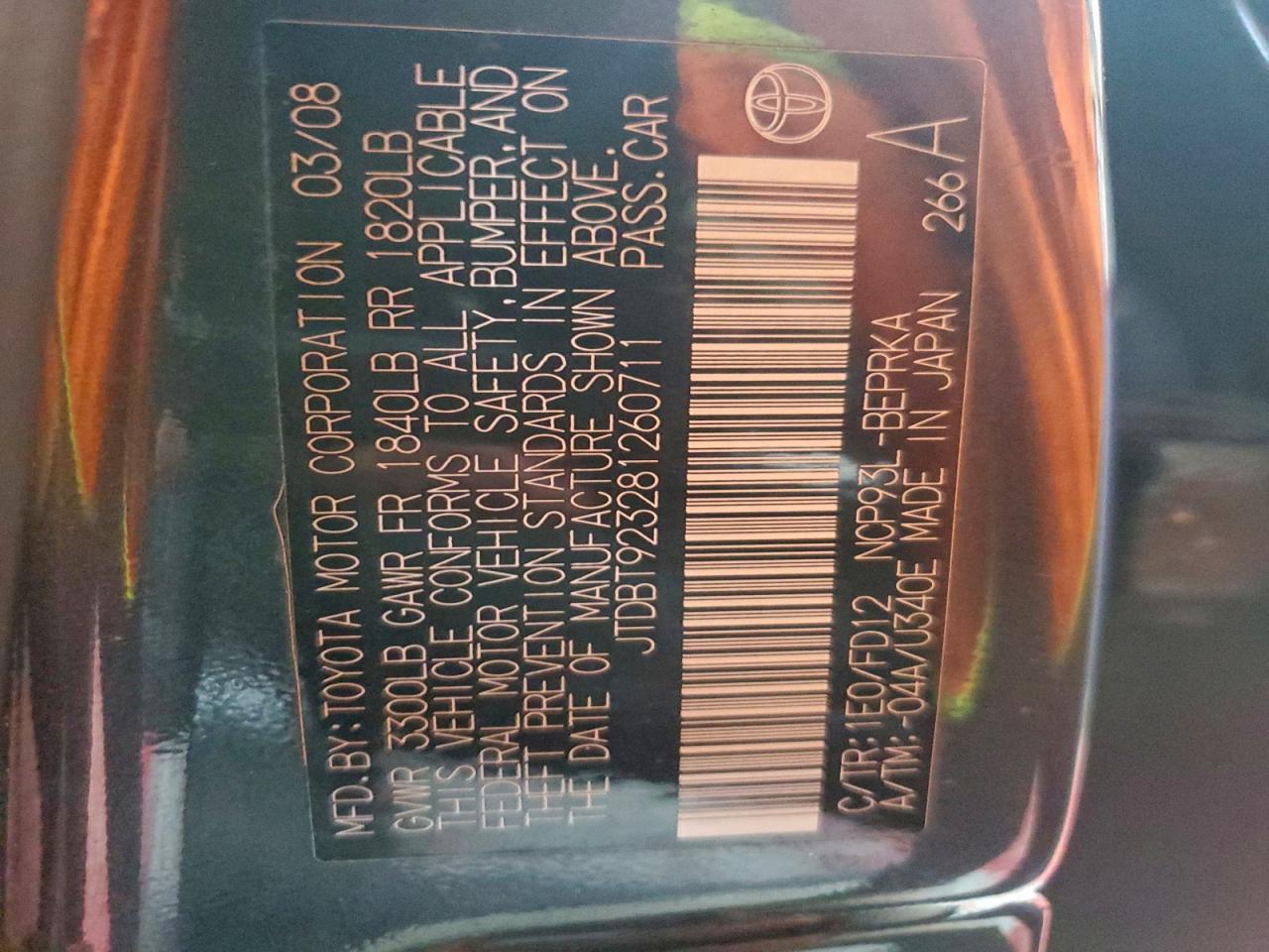 2008 Toyota Yaris VIN: JTDBT923281260711 Lot: 96232515