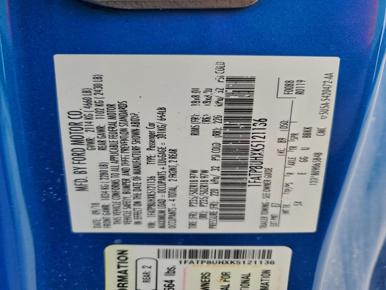 2019 Ford Mustang VIN: 1FATP8UHXK5121136 Lot: 96002785