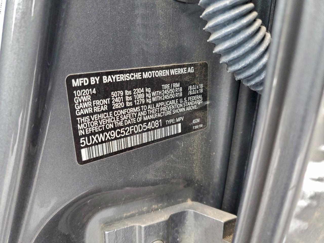 2015 BMW X3 xDrive28I VIN: 5UXWX9C52F0D54081 Lot: 96786455