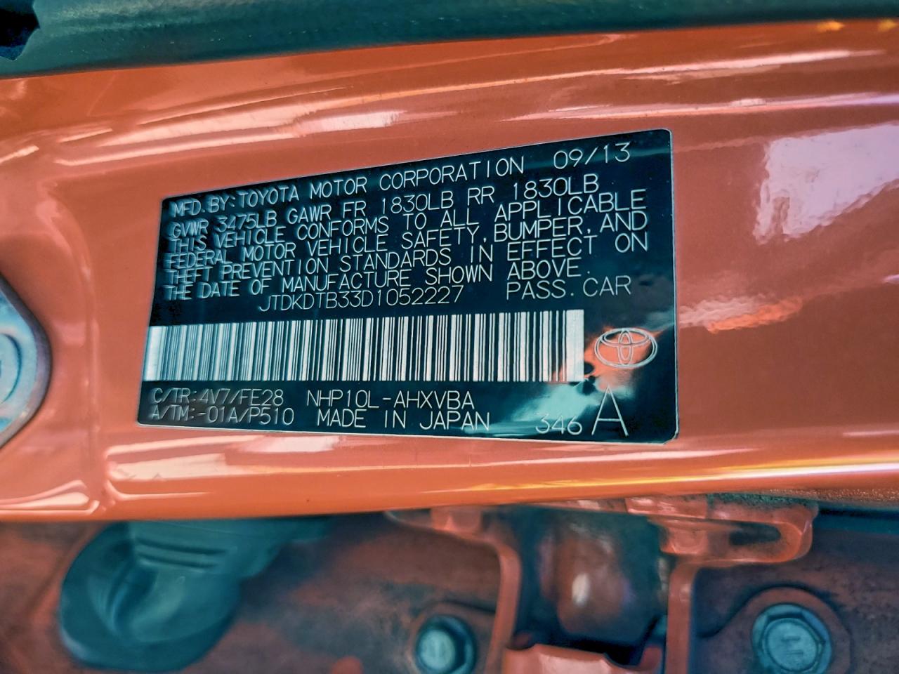 2013 Toyota Prius C VIN: JTDKDTB33D1052227 Lot: 96212305