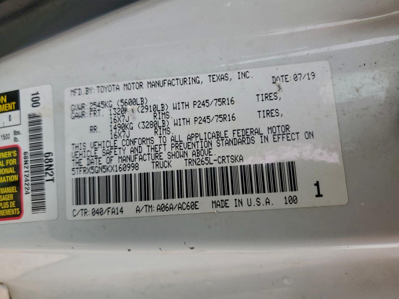 2019 Toyota Tacoma Access Cab VIN: 5TFRX5GN5KX160998 Lot: 94715015