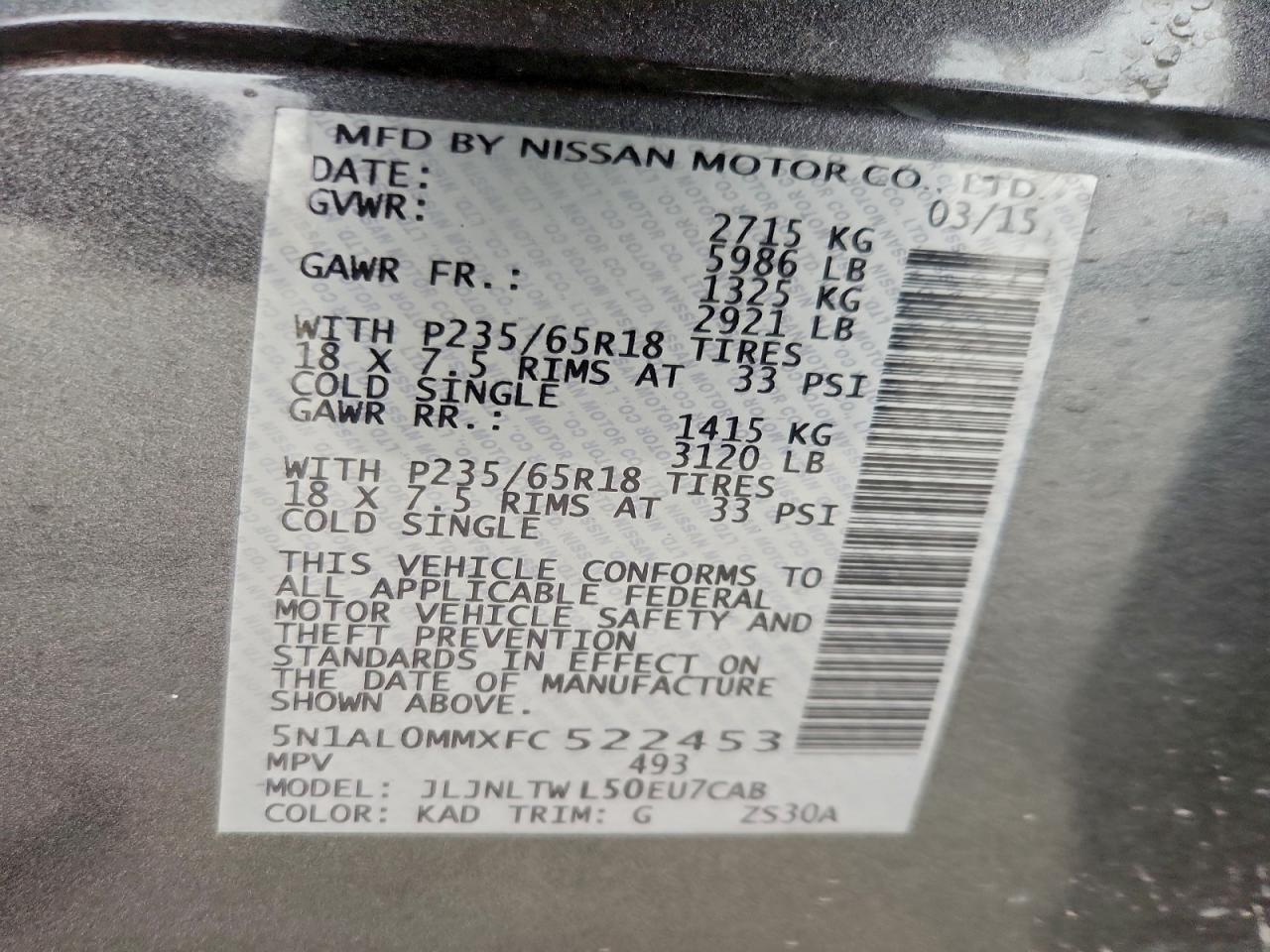 2015 Infiniti Qx60 VIN: 5N1AL0MMXFC522453 Lot: 95481575