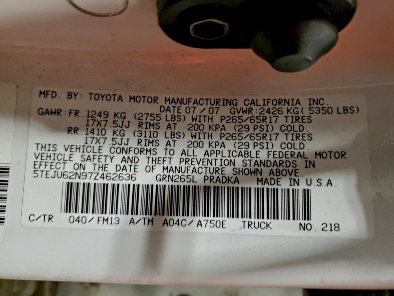 2007 Toyota Tacoma Double Cab Prerunner VIN: 5TEJU62N97Z462636 Lot: 95345765