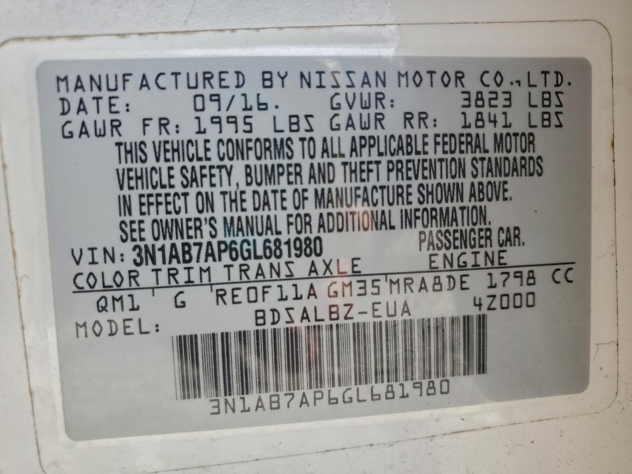 2016 Nissan Sentra S VIN: 3N1AB7AP6GL681980 Lot: 96901555