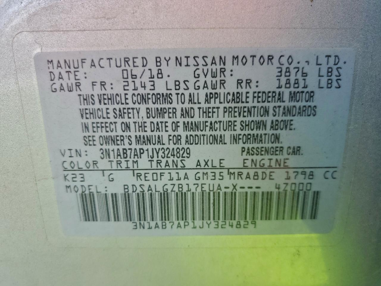 2018 Nissan Sentra S VIN: 3N1AB7AP1JY324829 Lot: 94131155