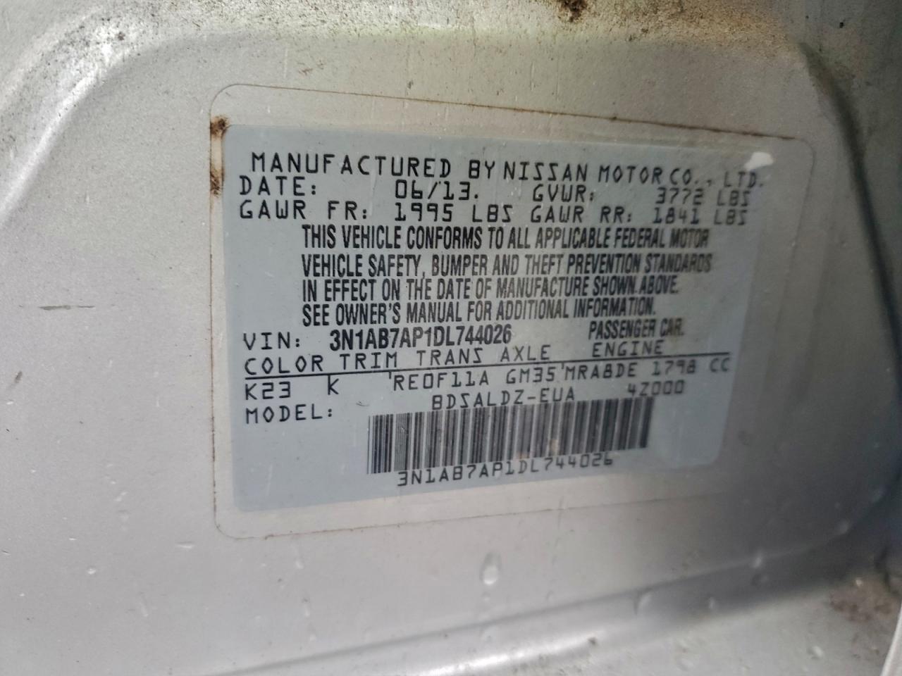 2013 Nissan Sentra S VIN: 3N1AB7AP1DL744026 Lot: 95745425