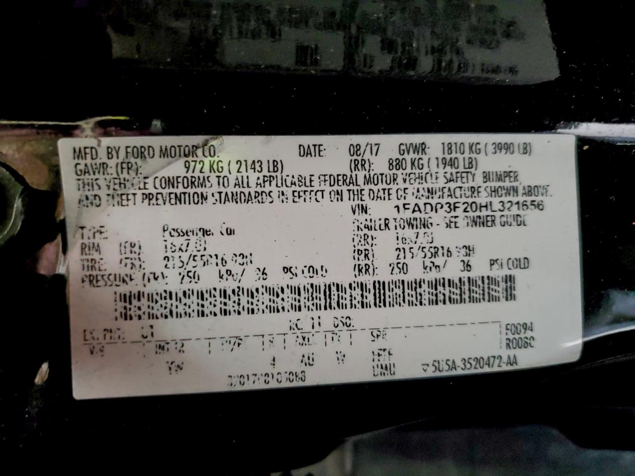 2017 Ford Focus Se VIN: 1FADP3F20HL321656 Lot: 96760435