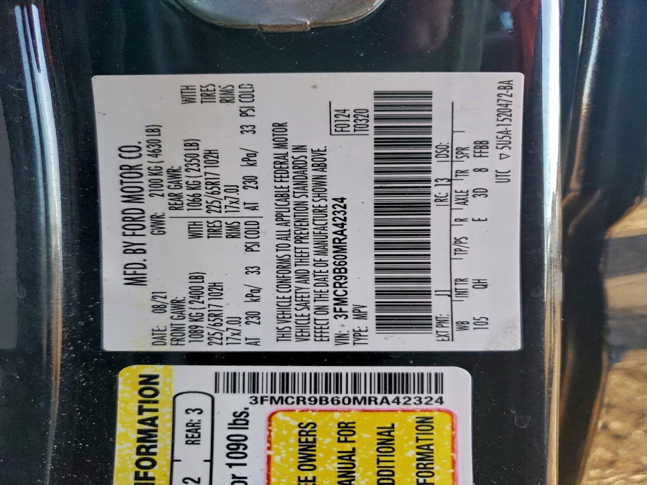 2021 Ford Bronco Sport Big Bend VIN: 3FMCR9B60MRA42324 Lot: 95158335