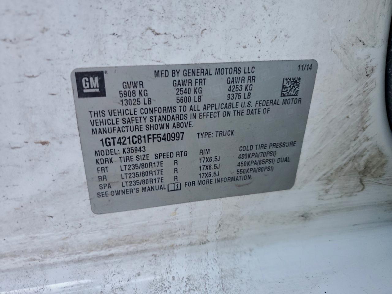 2015 GMC Sierra K3500 VIN: 1GT421C81FF540997 Lot: 96759385