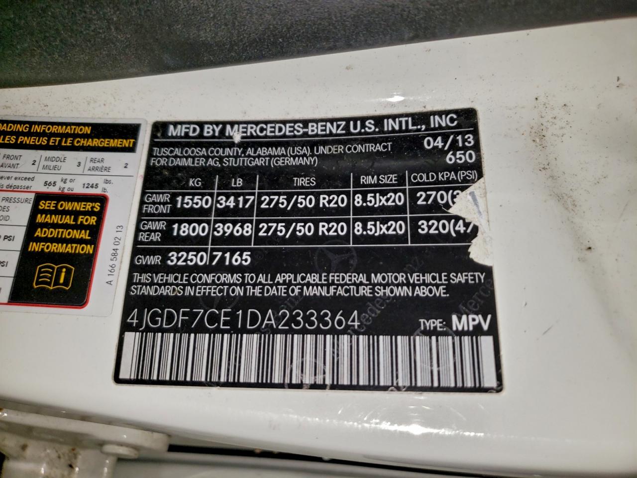 2013 Mercedes-Benz Gl 450 4Matic VIN: 4JGDF7CE1DA233364 Lot: 97038745