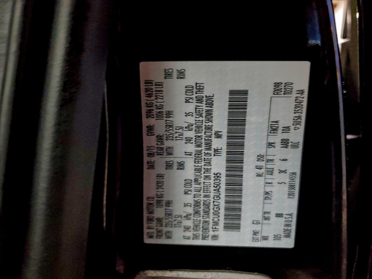 2016 Ford Escape Se VIN: 1FMCU0GX7GUA50395 Lot: 95857095