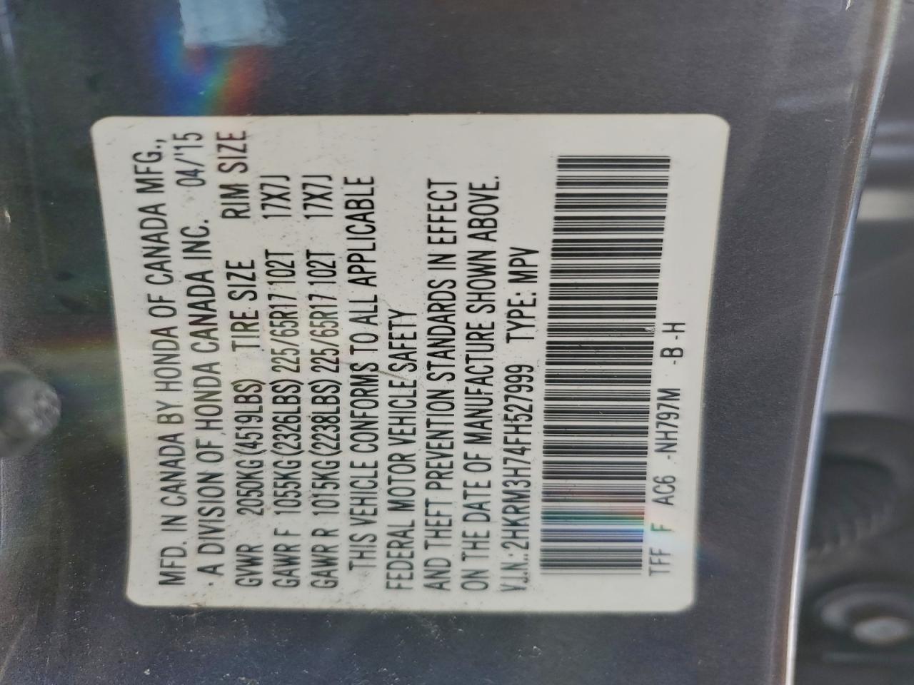 2015 Honda Cr-V Exl VIN: 2HKRM3H74FH527999 Lot: 95160095