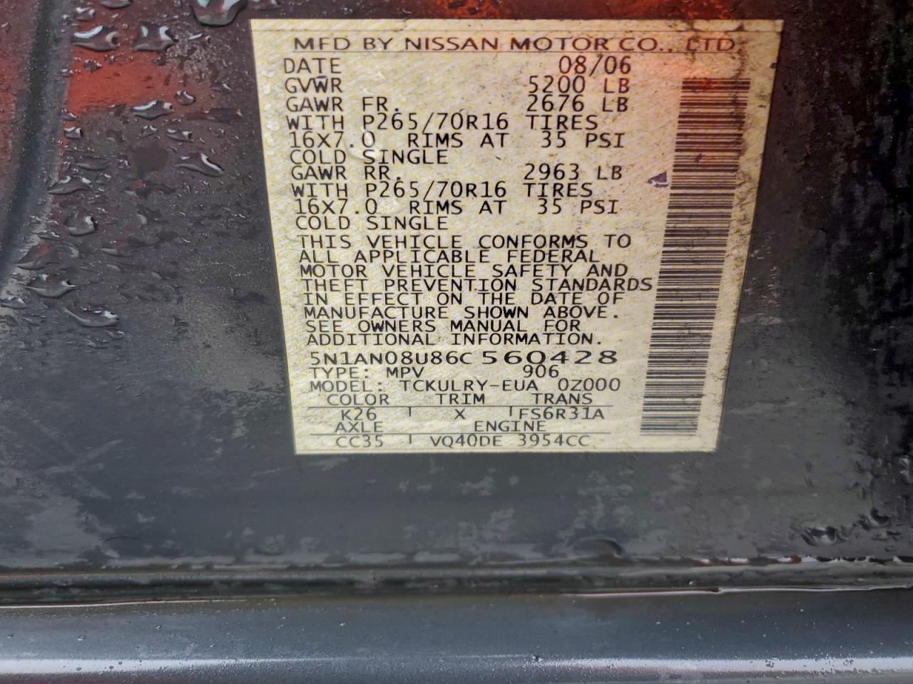 2006 Nissan Xterra Off Road VIN: 5N1AN08U86C560428 Lot: 94863895