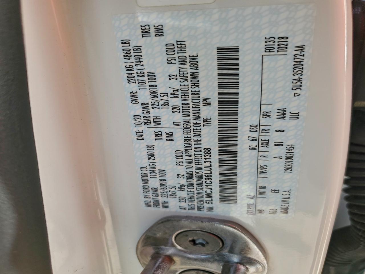 2020 Lincoln Corsair VIN: 5LMCJ1C96LUL31388 Lot: 96903125