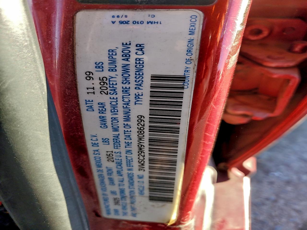 2000 Volkswagen Jetta Gls VIN: 3VWSC29M9YM086299 Lot: 95882915