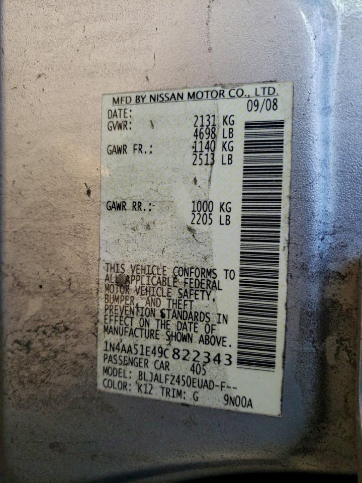 2009 Nissan Maxima S VIN: 1N4AA51E49C822343 Lot: 95183065