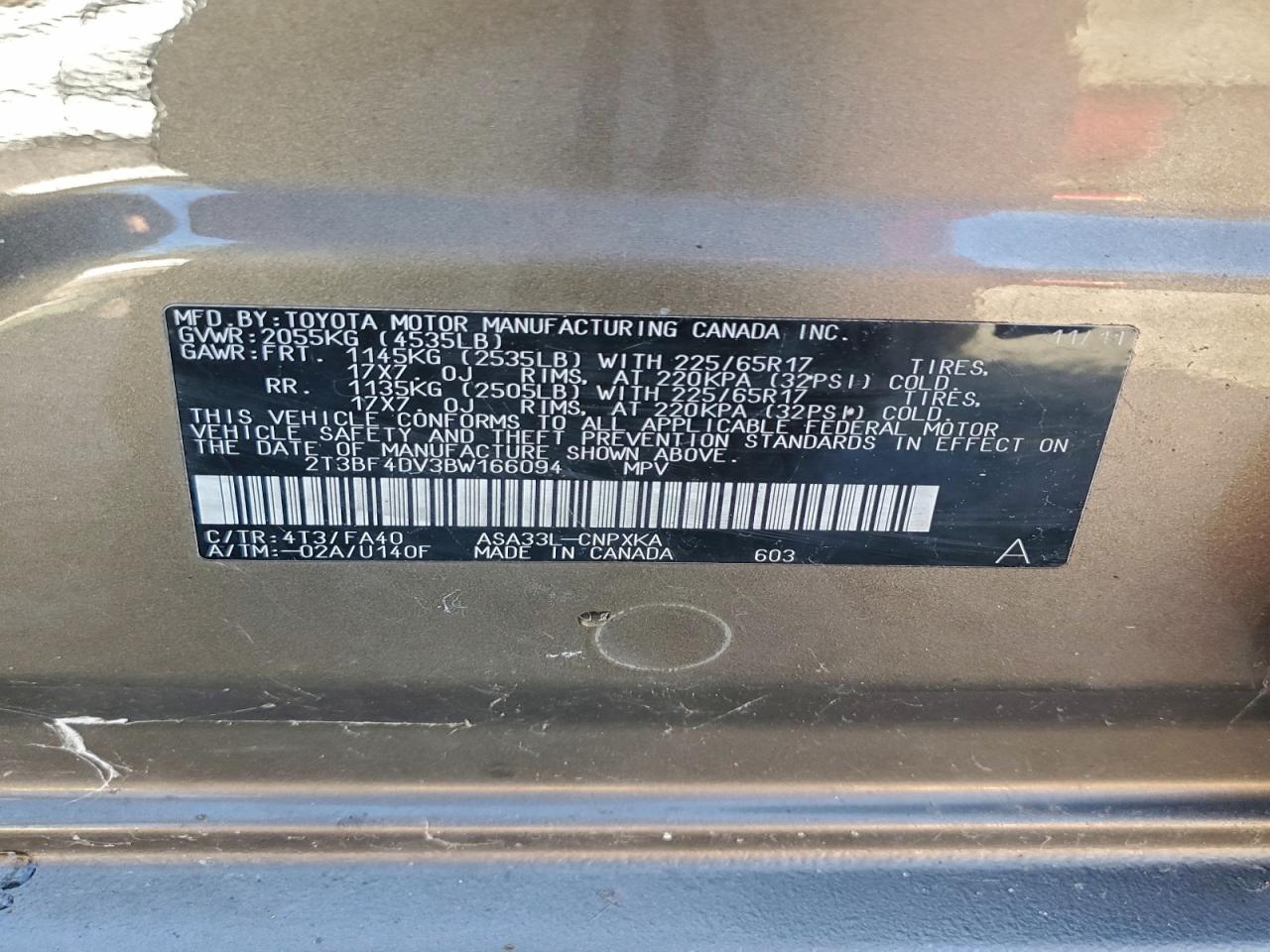 2011 Toyota Rav4 VIN: 2T3BF4DV3BW166094 Lot: 96513065