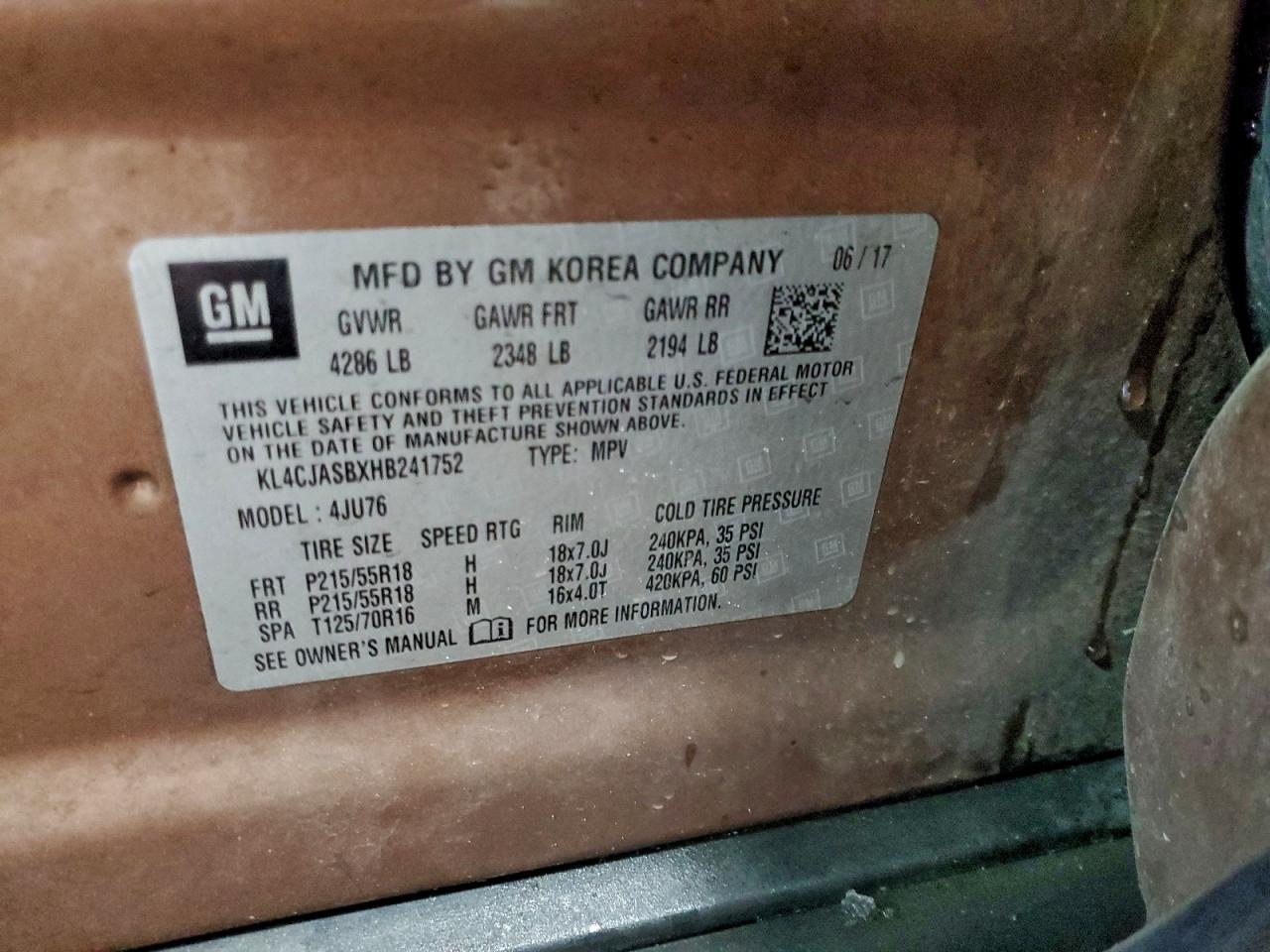 2017 Buick Encore Preferred VIN: KL4CJASBXHB241752 Lot: 95726795