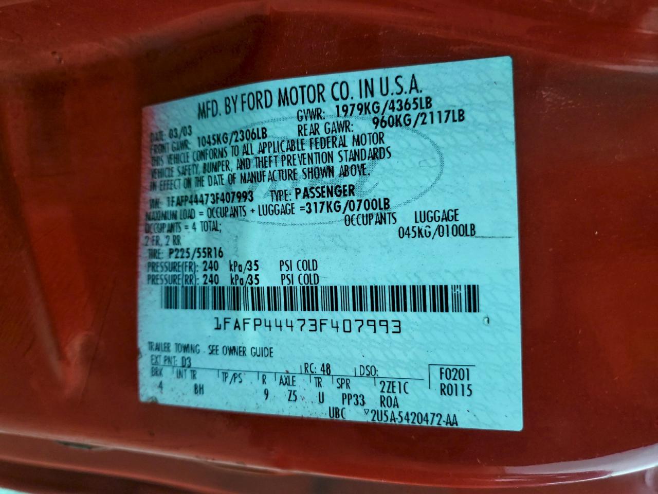 2003 Ford Mustang VIN: 1FAFP44473F407993 Lot: 94654345