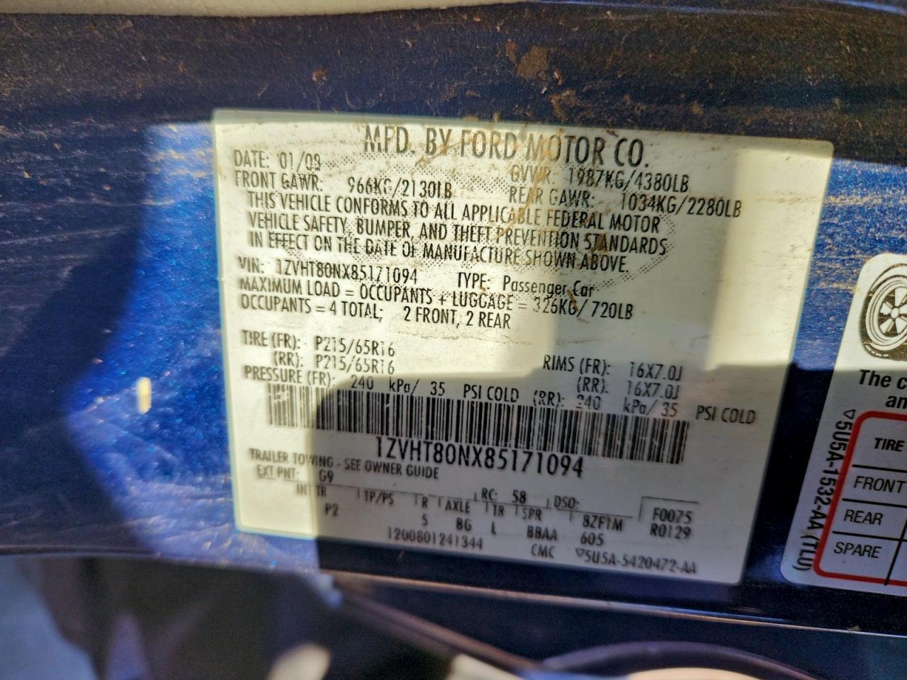 2008 Ford Mustang VIN: 1ZVHT80NX85171094 Lot: 95214195