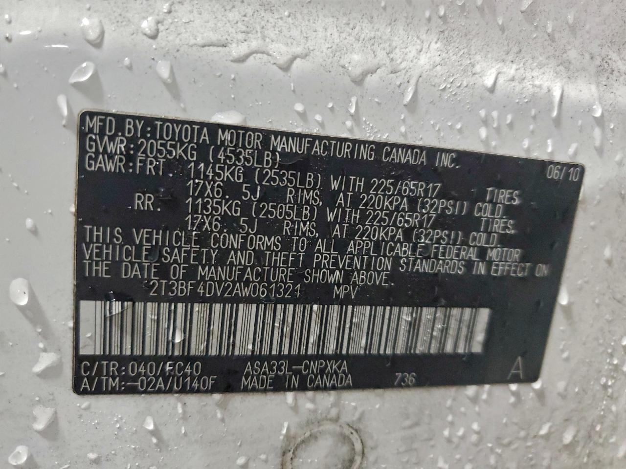 2010 Toyota Rav4 VIN: 2T3BF4DV2AW061321 Lot: 96741565