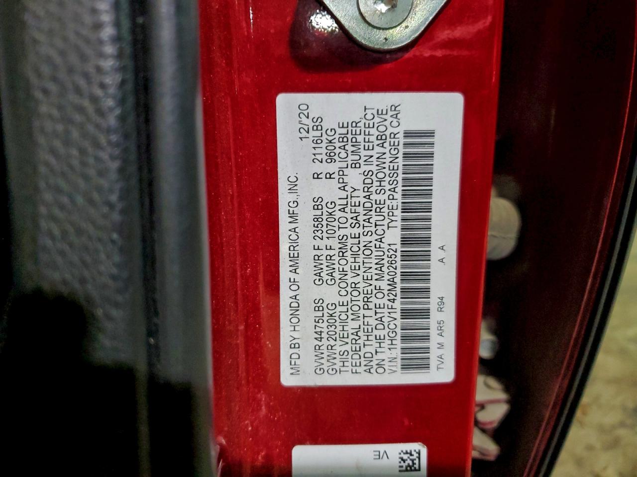 2021 Honda Accord Sport Se VIN: 1HGCV1F42MA026521 Lot: 95976005