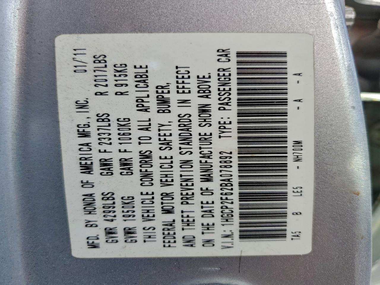 2011 Honda Accord Se VIN: 1HGCP2F62BA078892 Lot: 95748935