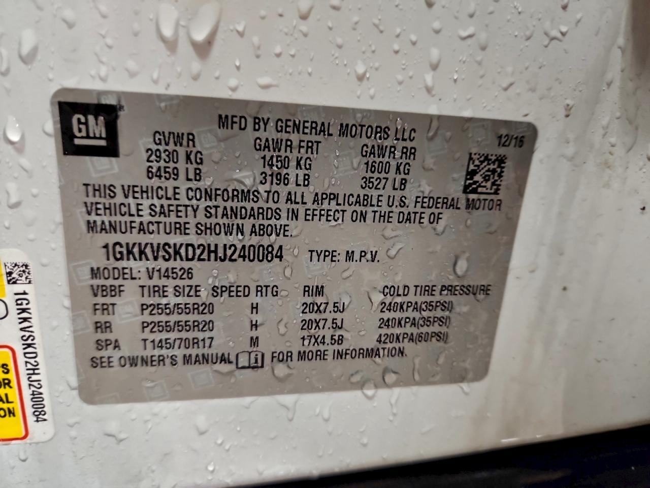 2017 GMC Acadia Limited Slt-2 VIN: 1GKKVSKD2HJ240084 Lot: 94268225