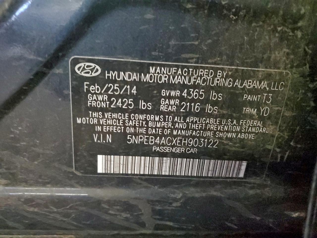 2014 Hyundai Sonata Gls VIN: 5NPEB4ACXEH903122 Lot: 93662665