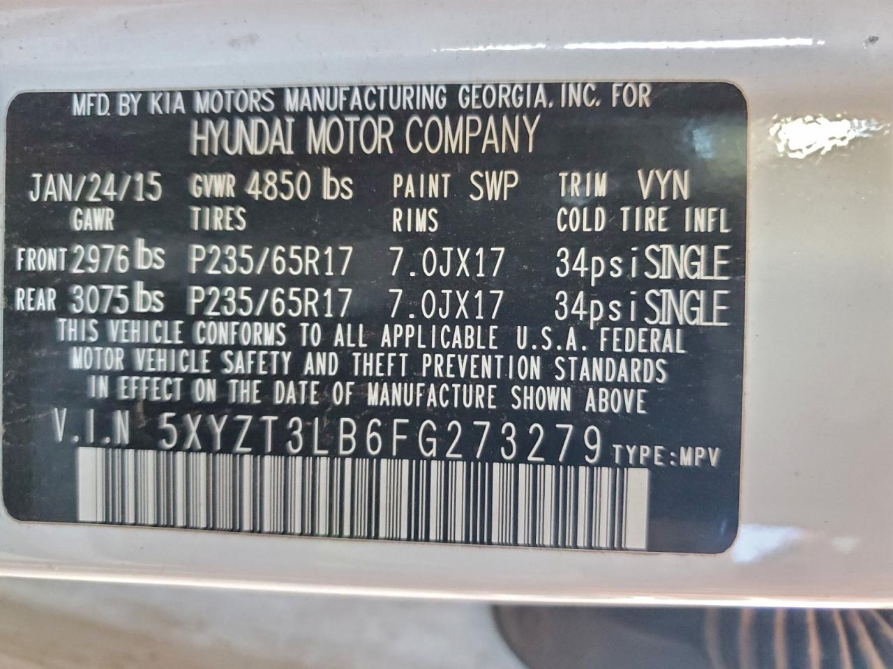 2015 Hyundai Santa Fe Sport VIN: 5XYZT3LB6FG273279 Lot: 97161925