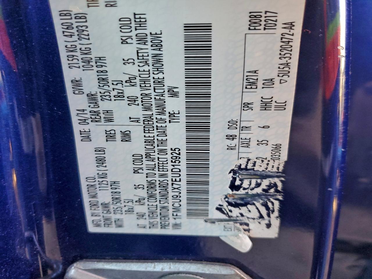 2014 Ford Escape Titanium VIN: 1FMCU9JX7EUD15925 Lot: 94966395