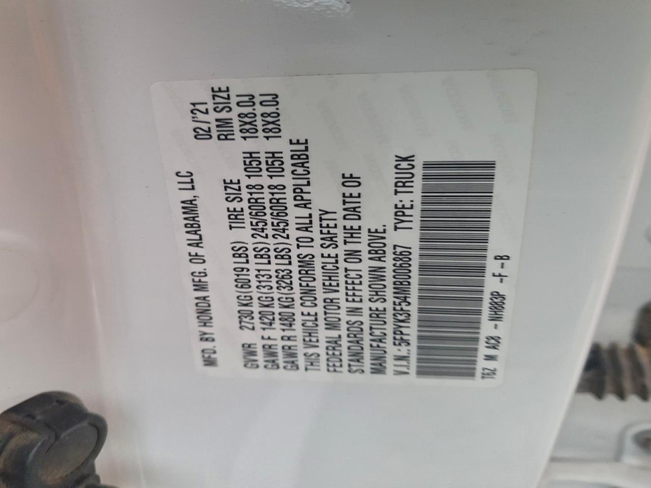 2021 Honda Ridgeline Rtl VIN: 5FPYK3F54MB006867 Lot: 96633965