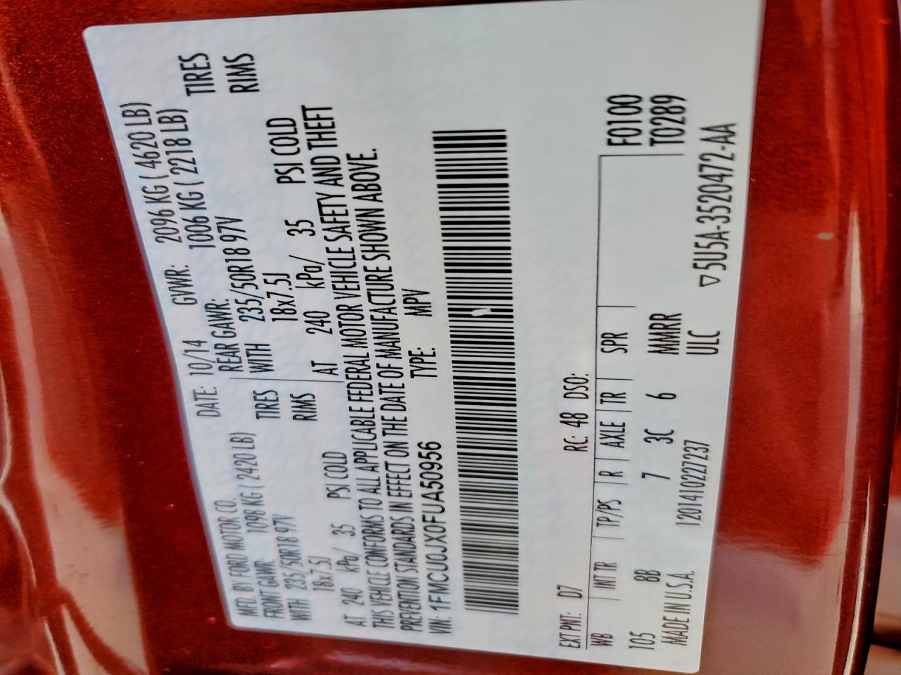 2015 Ford Escape Titanium VIN: 1FMCU0JX0FUA50956 Lot: 94133575