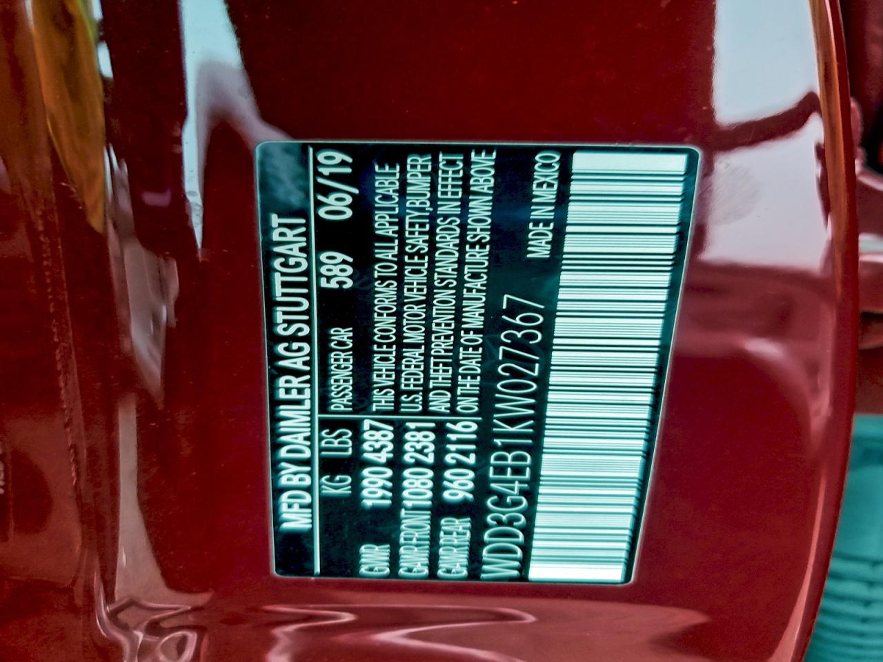 2019 Mercedes-Benz A 220 VIN: WDD3G4EB1KW027367 Lot: 95767225