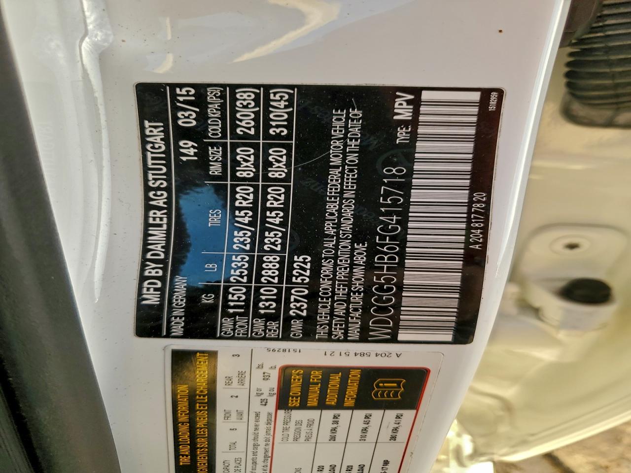 2015 Mercedes-Benz Glk 350 VIN: WDCGG5HB6FG415718 Lot: 94739245