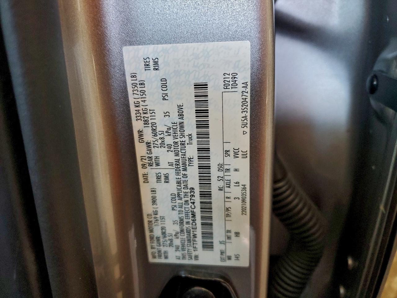 2021 Ford F150 Supercrew VIN: 1FTFW1ED6MFC47939 Lot: 96483215