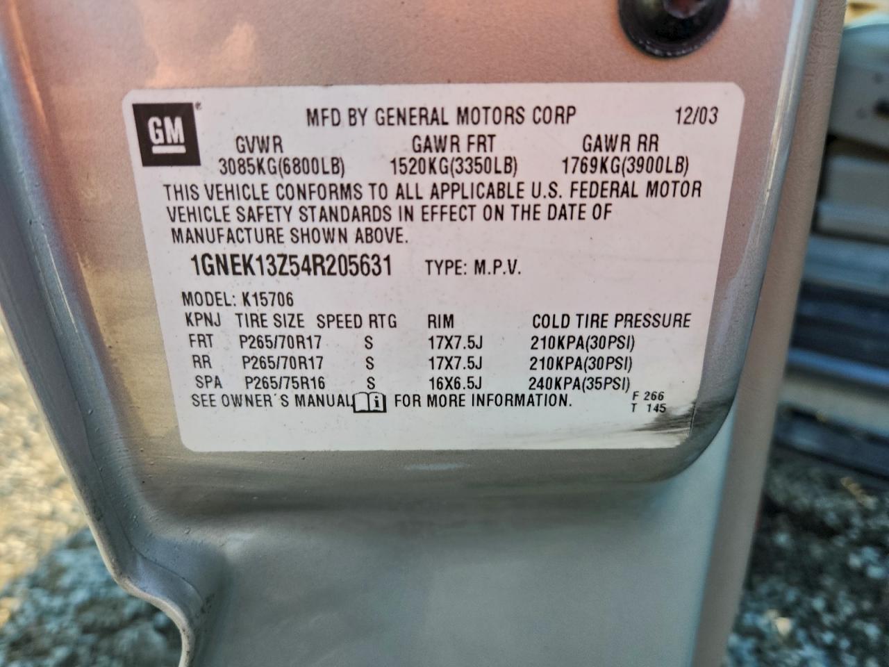 2004 Chevrolet Tahoe K1500 VIN: 1GNEK13Z54R205631 Lot: 95181795